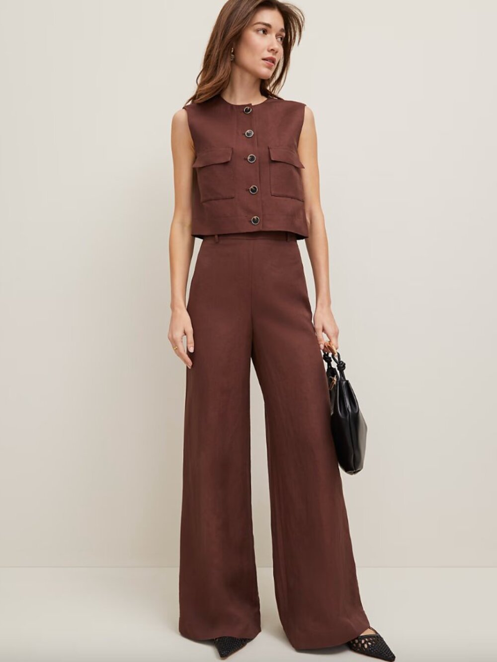 Ann Taylor Statement Palazzo Pant in Rich Walnut, tailored size 12, linen blend